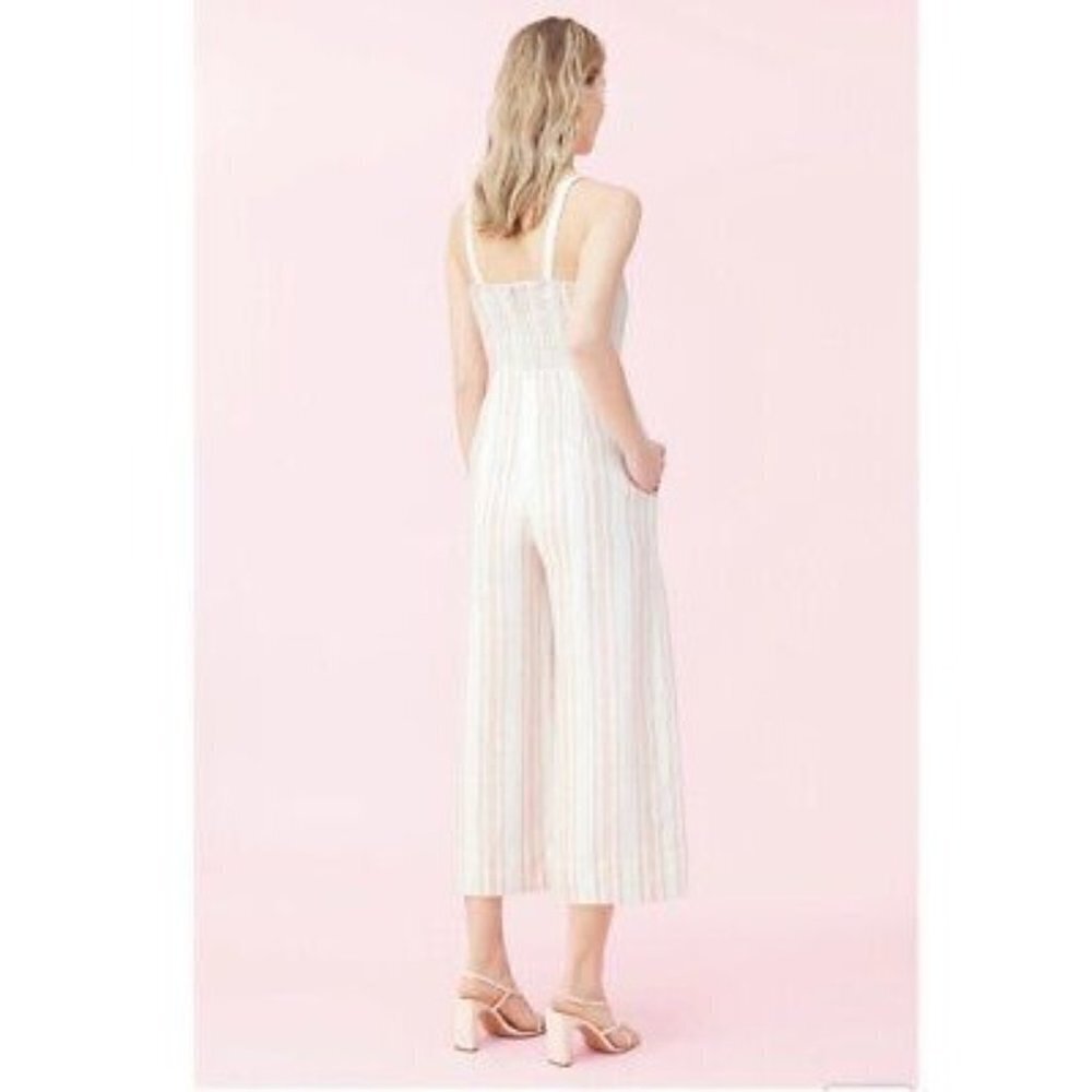 Rebecca Taylor White & Pink Stripe Wide Leg Linen Cropped Jumpsuit 8 - Picture 2 of 7